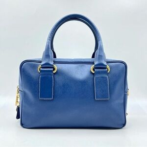 Prada Blue Saffiano Leather Satchel with Gold Accents